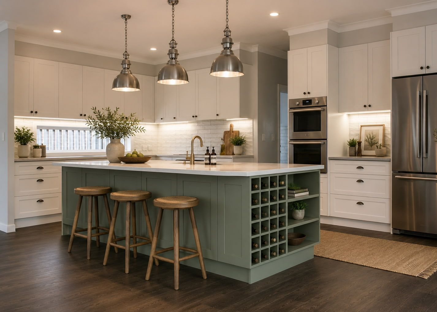 Modern kitchen with white cabinets, teal island, three pendant lights, bar stools, and stainless steel appliances