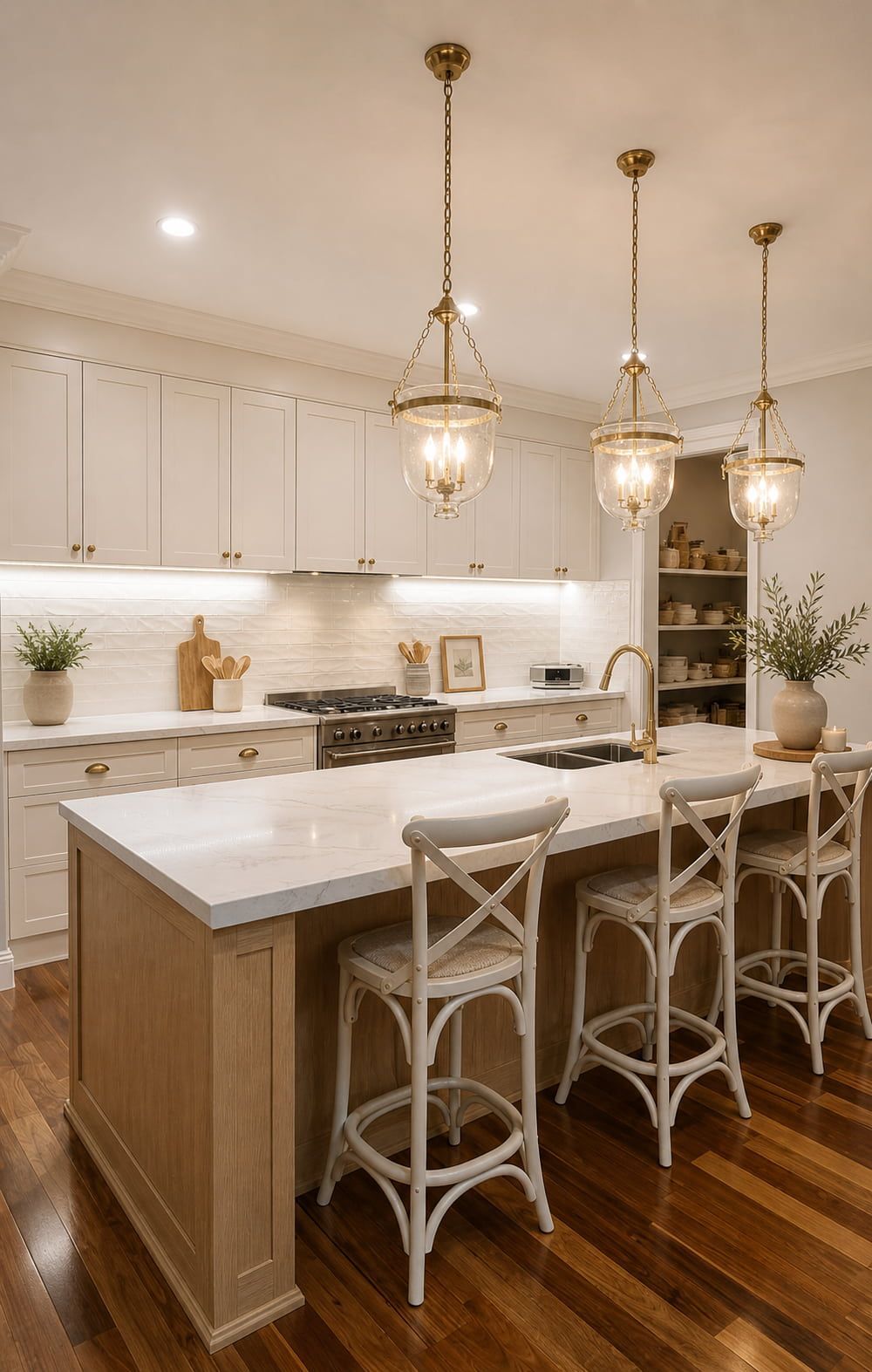 Bright kitchen with white cabinets, marble island, brass pendant lights, and wooden bar stools.