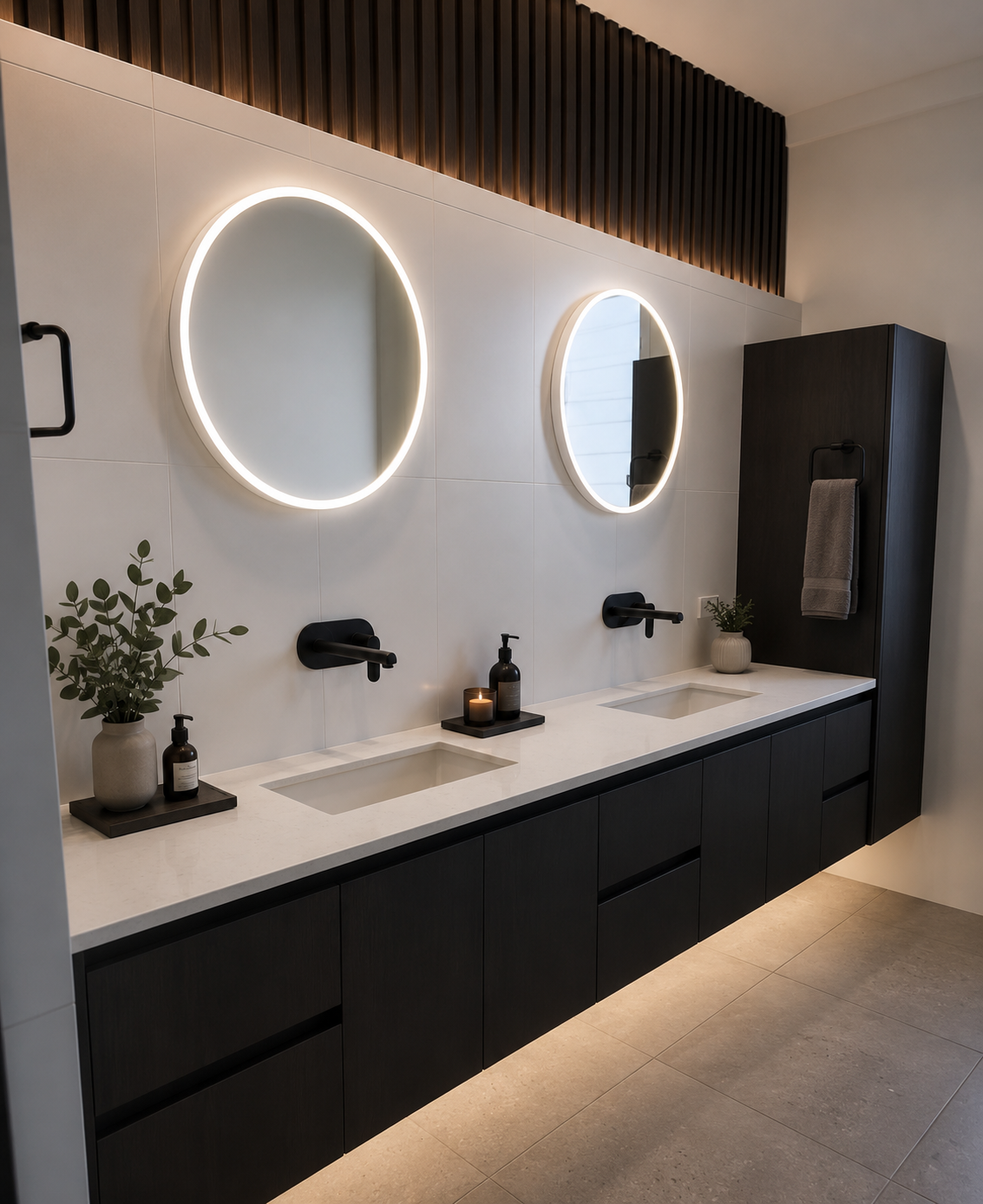 Modern bathroom vanity with two round LED mirrors, black cabinets, and a white countertop
