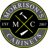 Morrison's Cabinets logo with gray circular text and lime green crossed lines on white background