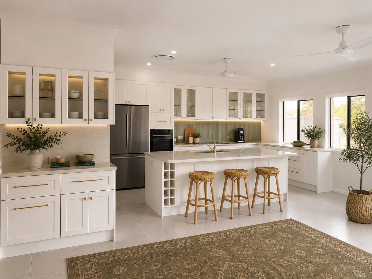 Bright white modern kitchen with island, bar stools, glass cabinets, and large windows