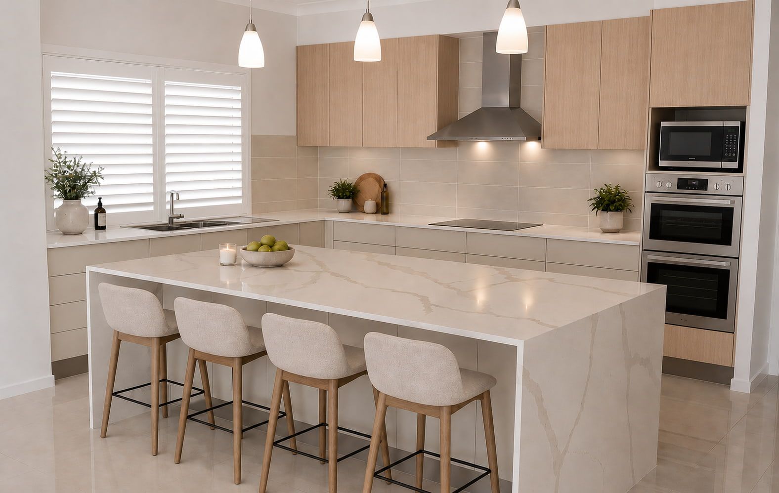 Modern white kitchen with island, bar stools, pendant lights, and built-in oven.