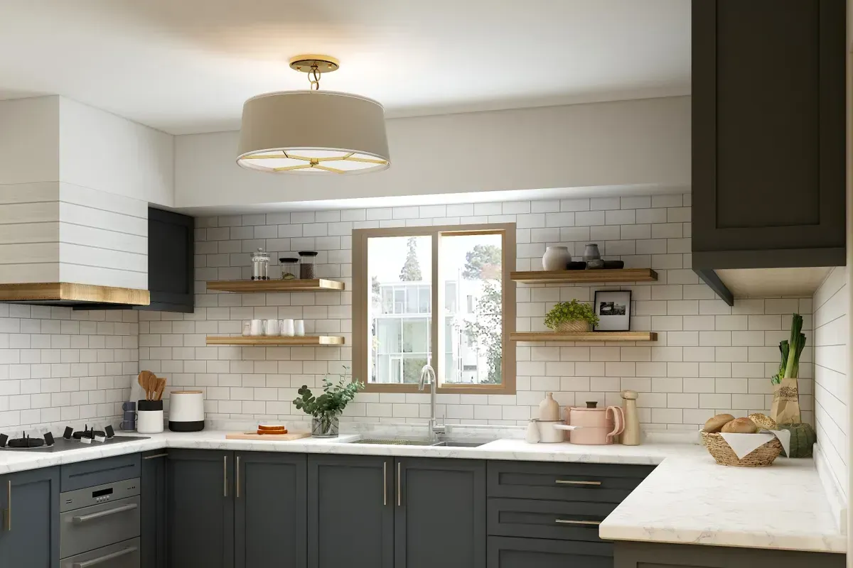 Bright modern kitchen with white tile backsplash, dark lower cabinets, wood shelves, and a window above the sink