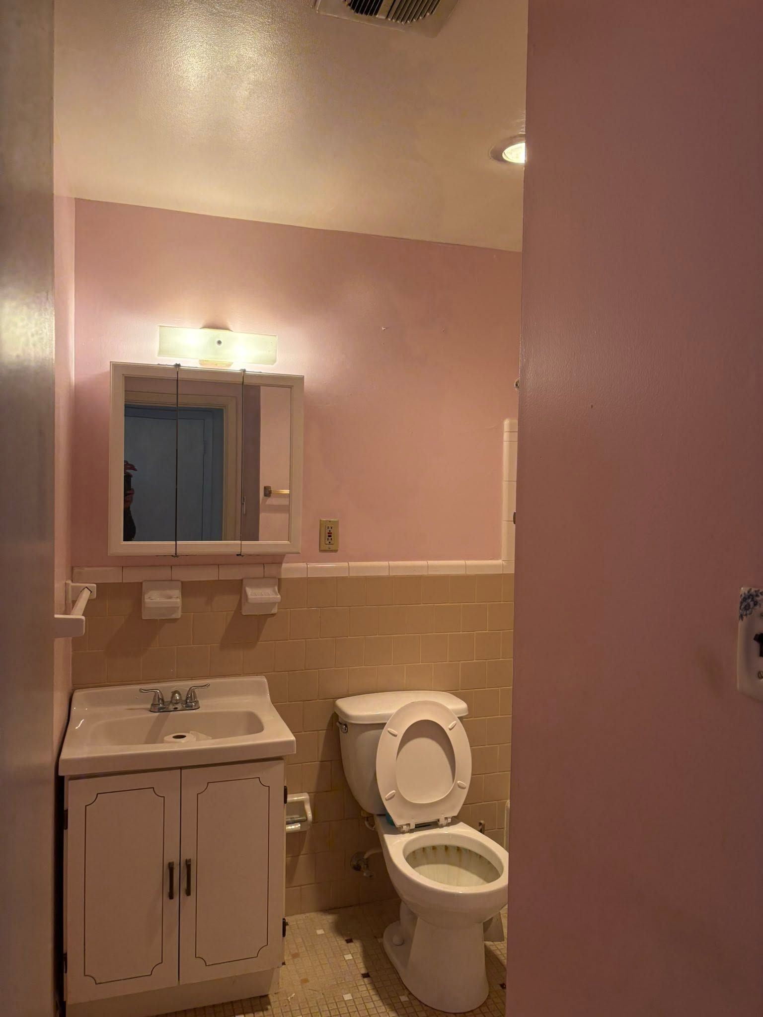 Small pink bathroom with a sink, mirror, and toilet under soft ceiling lights.