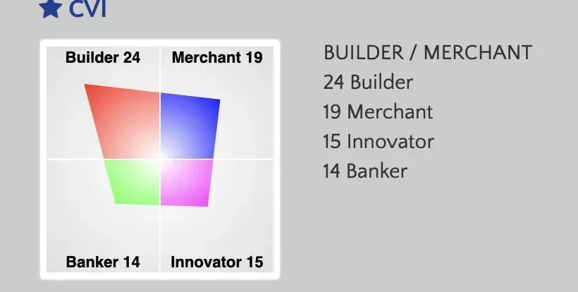 CVI personality assessment: Builder 24, Merchant 19, Innovator 15, Banker 14. A colored square diagram visually represents the scores.