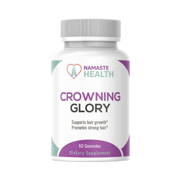 White bottle of Namaste Health “Crowning Glory” hair growth supplement with purple accents