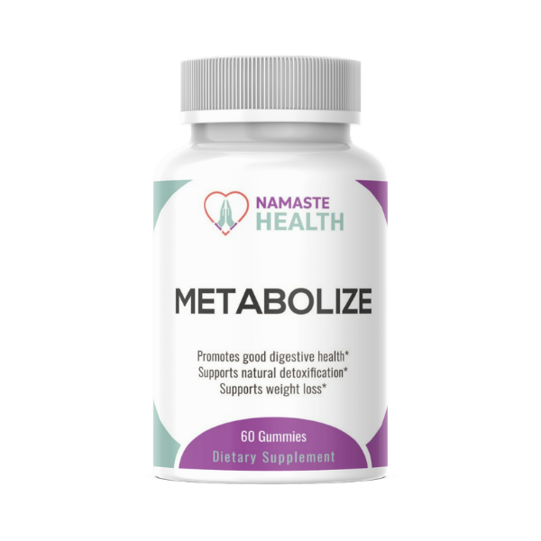 Namaste Health Metabolize gummy supplement bottle with white label and purple accents