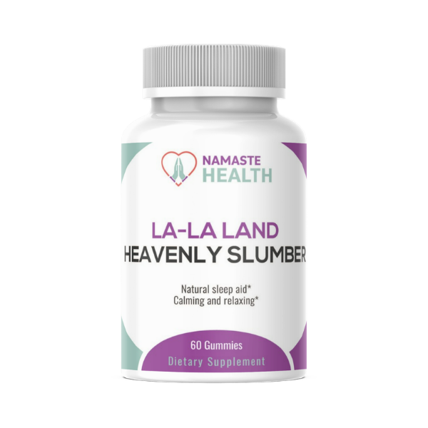Namaste Health La-La Land Heavy Slumber gummies bottle, white with purple and green accents