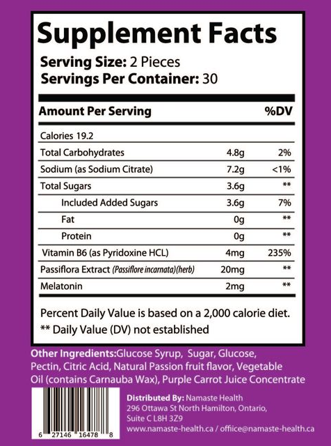 Namaste Health La-La Land Heavy Slumber gummies bottle, white with purple and green accents