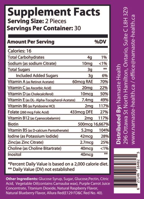 White bottle of Namaste Health “Crowning Glory” hair growth supplement with purple accents