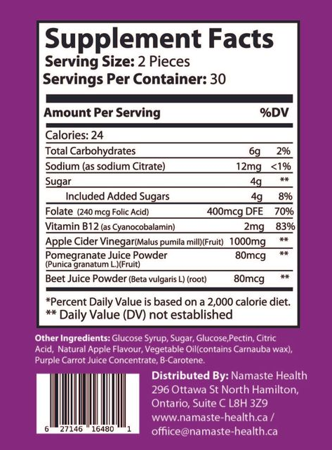 Namaste Health Metabolize gummy supplement bottle with white label and purple accents