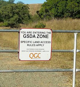 A sign on a gate that says you are entering the GSDA zone Specific land Access rules Apply — Wetzler Pty Ltd In Marmor QLD