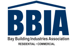 BBIA logo with navy blue letters and roofline, Bay Building Industries Association, Residential Commercial