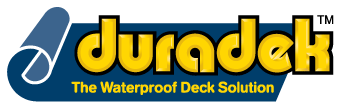 Duradek logo with blue and yellow text and the tagline “The Waterproof Deck Solution”
