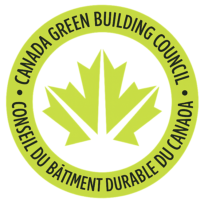 Logo du Conseil du bâtiment durable du Canada avec une feuille d'érable verte et un texte bilingue dans un sceau circulaire