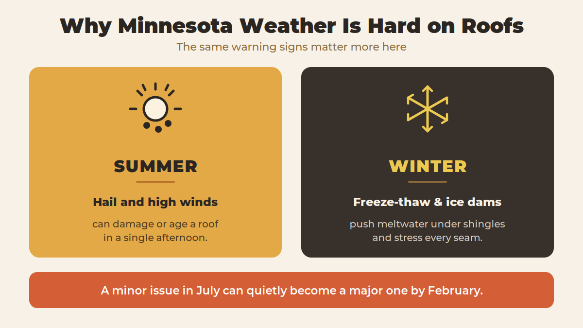 Infographic comparing how Minnesota summer hail and winter freeze-thaw and ice dams stress and damage residential roofs over time.