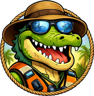 Adventurous alligator in safari hat and sunglasses, smiling, with binoculars, tropical background.