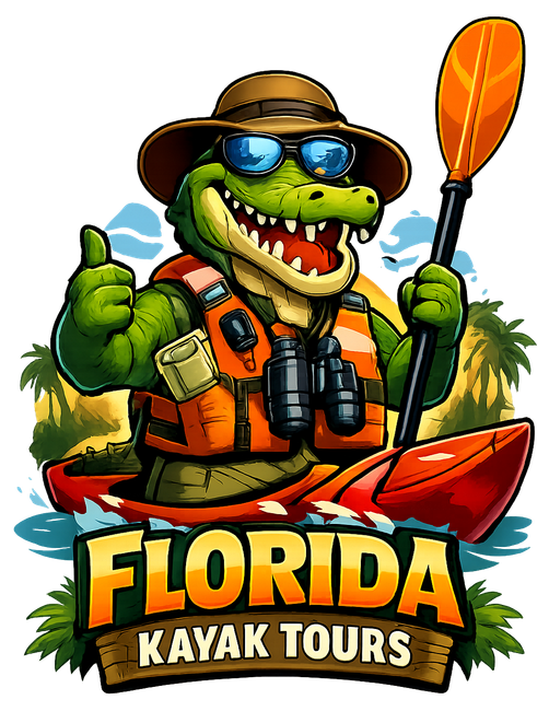 Smiling alligator in kayak, giving thumbs up. Holding paddle, wearing life vest and sunglasses. Florida Kayak Tours logo.