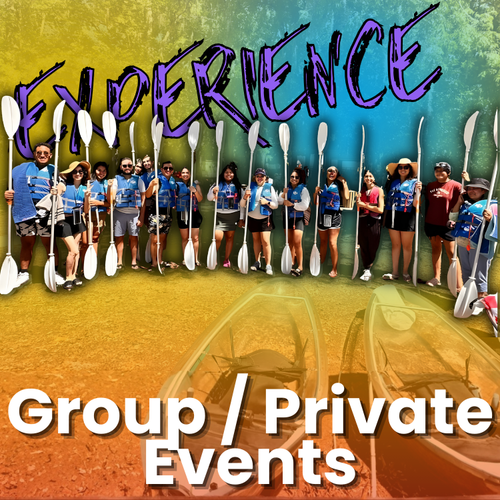 Group of people holding paddles; kayaks, 