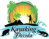 Kayaking Florida logo: kayakers and paddleboarder on water with palm trees, sun, and manatee/alligator silhouettes.