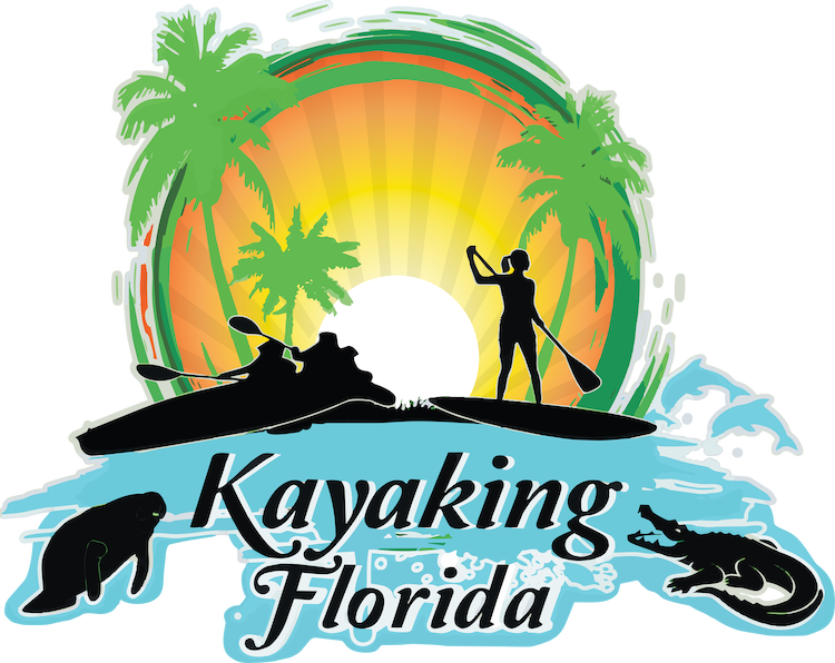 Kayaking Florida logo: Sun setting over water, palm trees, kayakers, paddleboarder, manatee, alligator.