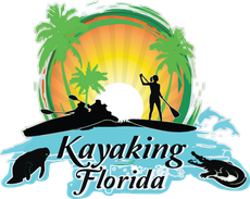 Kayaking Florida logo: Sun setting over water, palm trees, kayakers, paddleboarder, manatee, alligator.