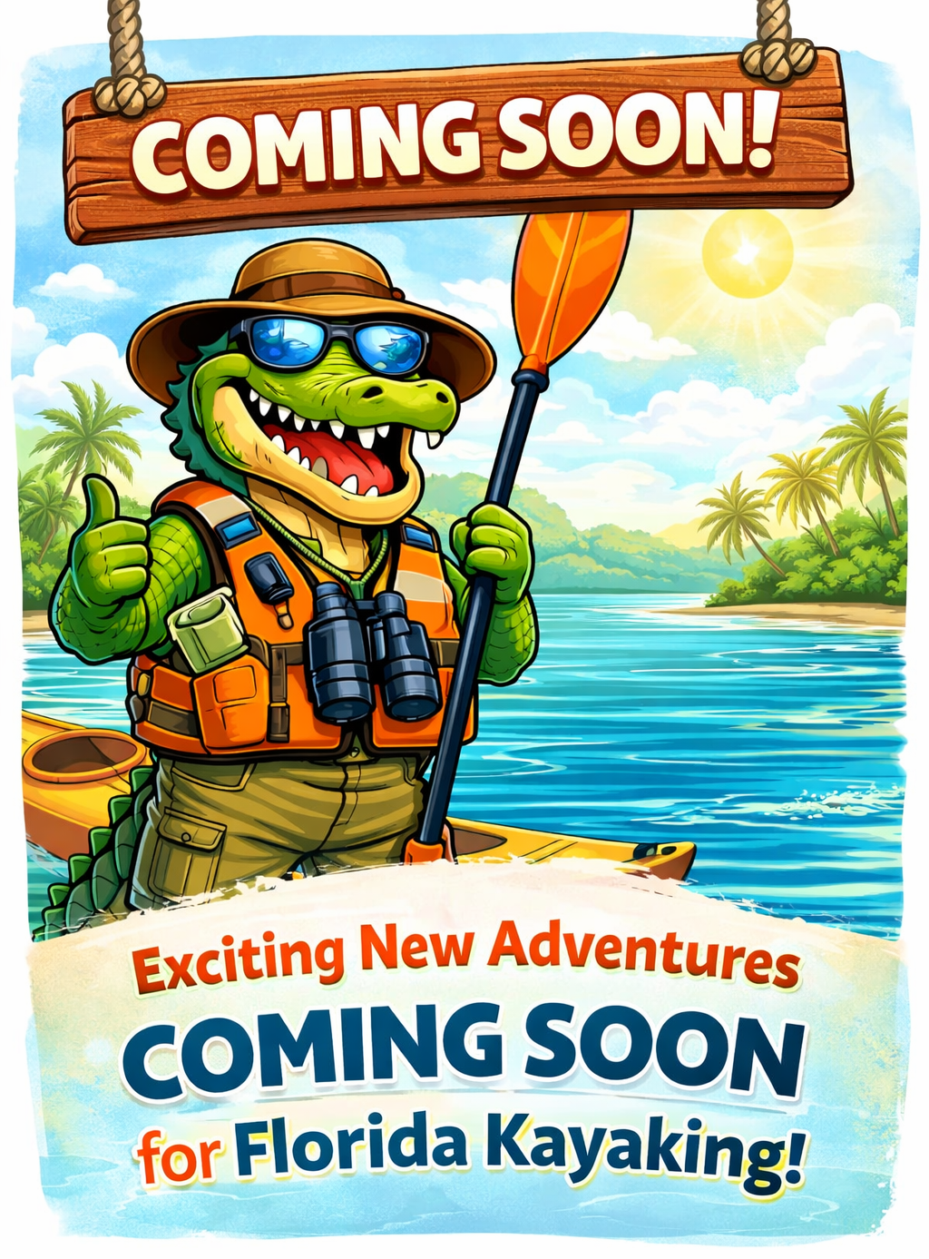 Cartoon alligator in kayak, thumbs-up, wearing life vest, sunglasses, paddle. 