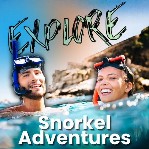 Man and woman snorkeling in clear water with the word 