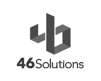 A black and white logo for a company called 46 solutions.