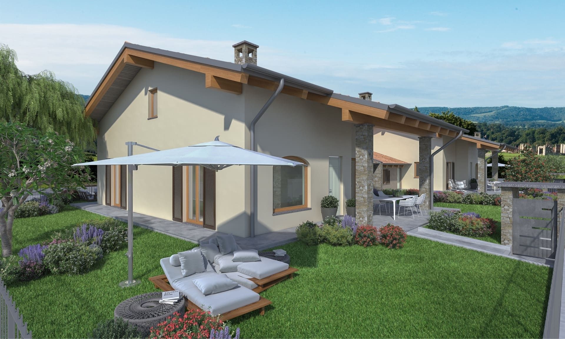 Cottage con pareti color cuoio, prato verde, sedie a sdraio sotto l'ombrellone e giardino.