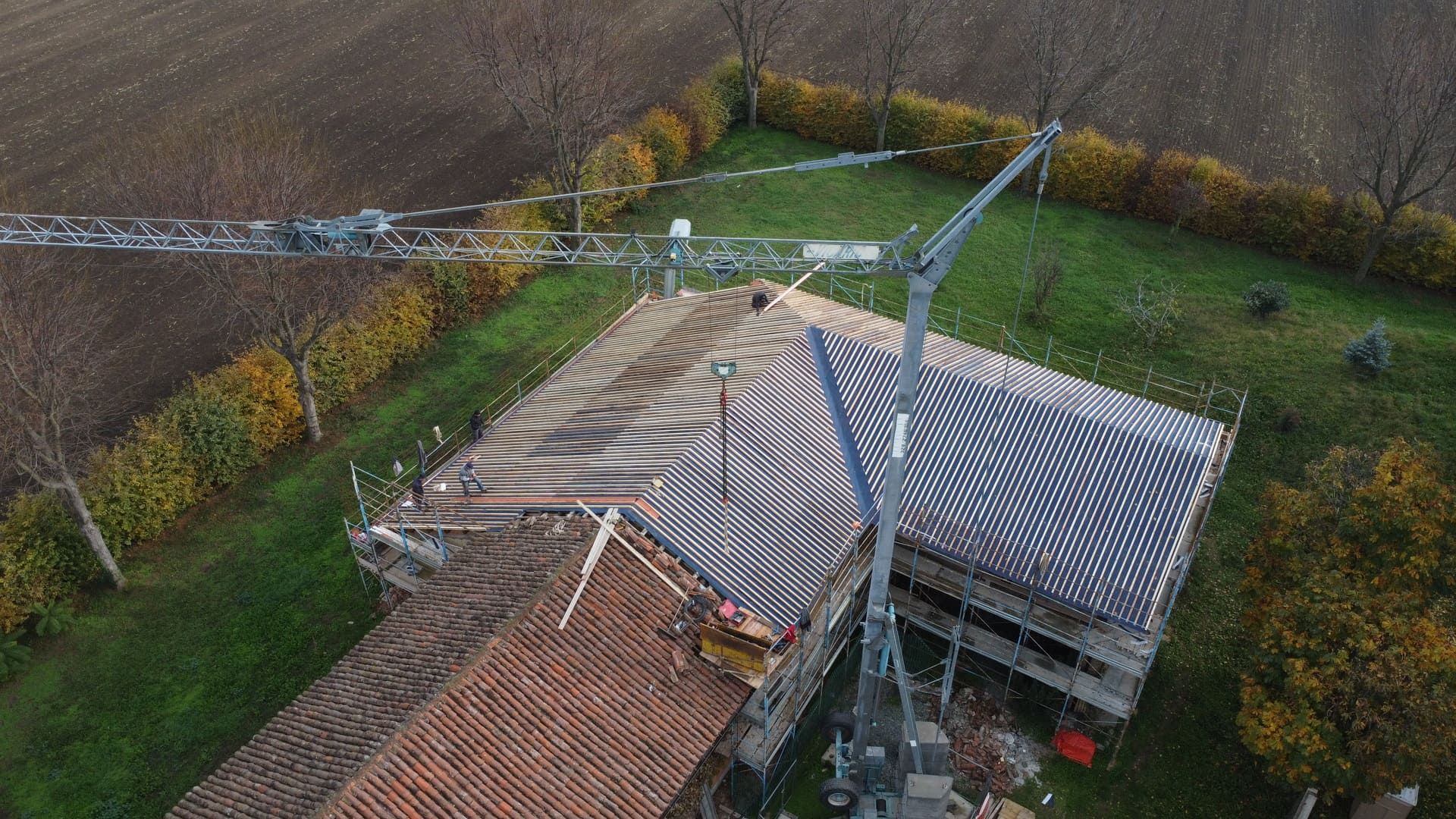 Gru al lavoro sul tetto di un edificio in un campo. Colori marrone, grigio e verde.