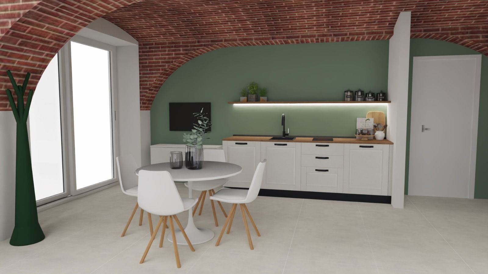 Una cucina moderna con tavolo e sedie bianchi. Parete verde, soffitto in mattoni rossi e ampia finestra.