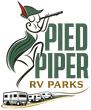 Pied Piper RV Parks logo with stylized piper, green lettering, and RVs on a road.