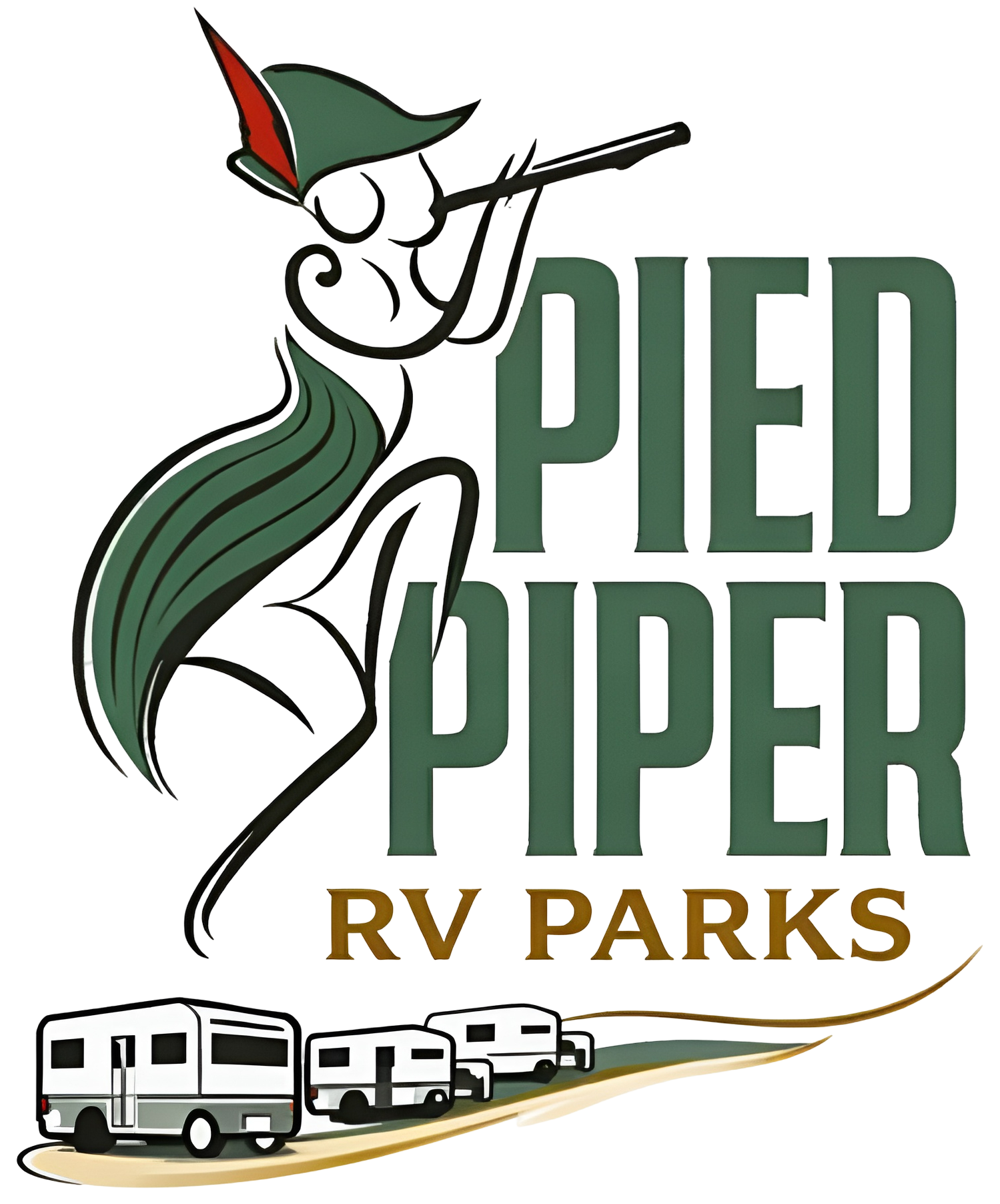 Pied Piper RV Parks logo with stylized piper, green lettering, and RVs on a road.