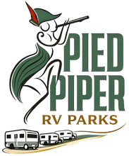 Pied Piper RV Parks logo with stylized piper, green lettering, and RVs on a road.