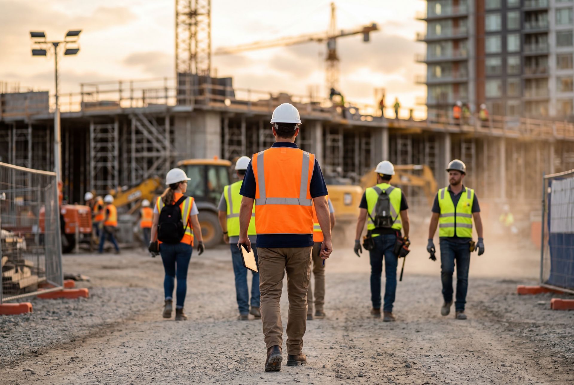 Construction workers in safety gear operate on a building site beneath a large yellow crane against a bright blue sky.