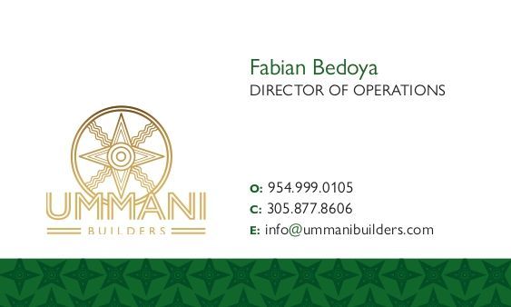 Business card for Fabian Bedoya, Director of Operations at Ummani Builders, including contact information and logo.