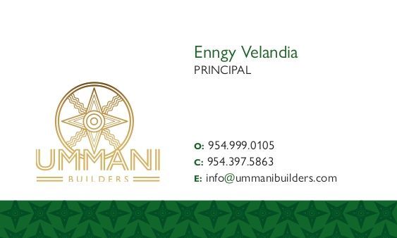 Business card for Ummani Builders featuring a gold circular logo, contact details for Enngy Velandia, and a green border.