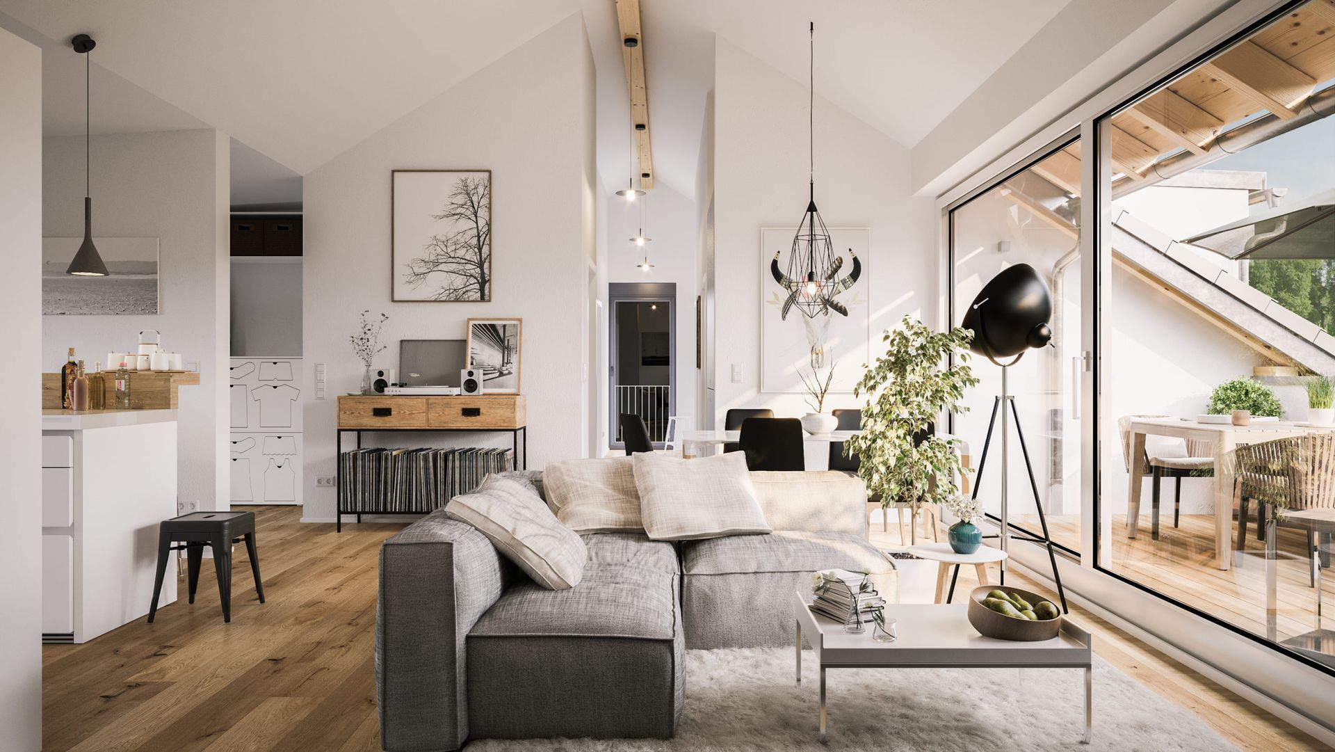 A living room with a couch , coffee table , and large windows.