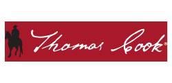 Red Thomas Cook logo with white script and a black horse silhouette on the left