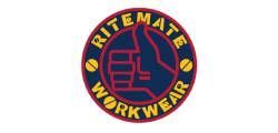 Ritemate Workwear circular logo with yellow text and a red thumbs-up hand on a navy background