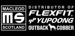 Black-and-white logo for Macleod Scotland, distributor of Flexfit, Yupoong, Outback, and Cobbler hats