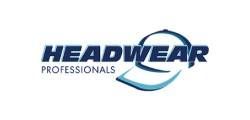 Headwear Professionals logo in dark blue and light blue with a curved swoosh on white background