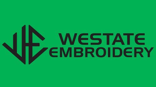 Westate Embroidery logo in black on a green gradient background