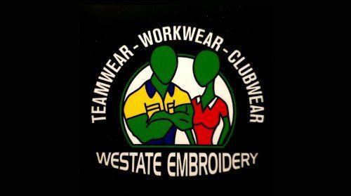 Teamwear, workwear, clubwear logo with green and red stylized figures and Westate Embroidery text