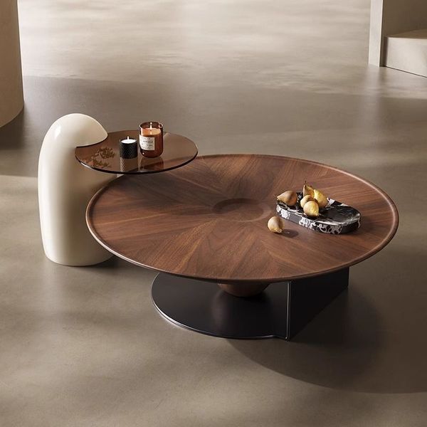 Walnut coffee and side tables styled in a modern living room