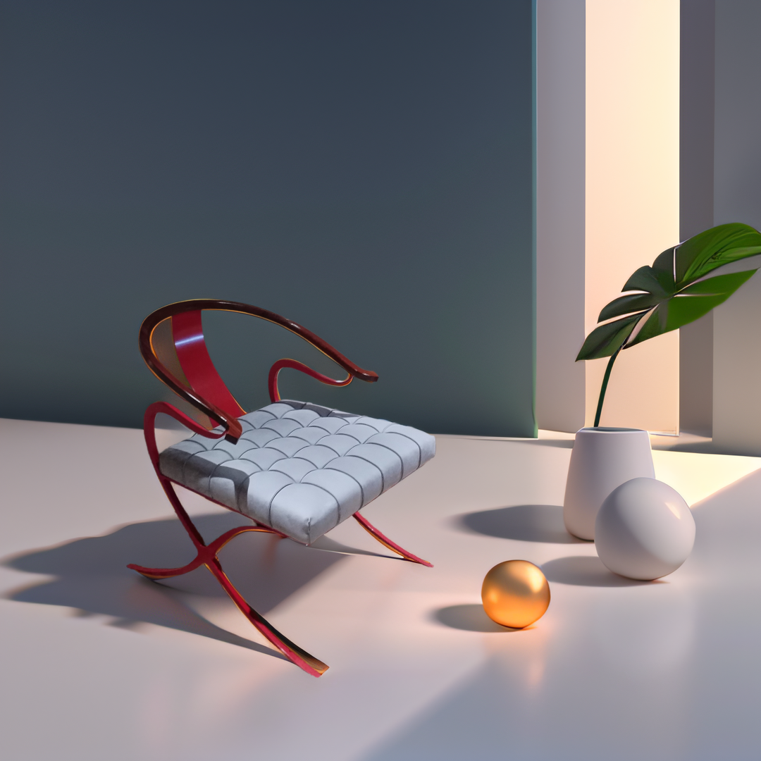 Red and white modern chair with a cushion, plant in a vase, and gold sphere on a white surface.