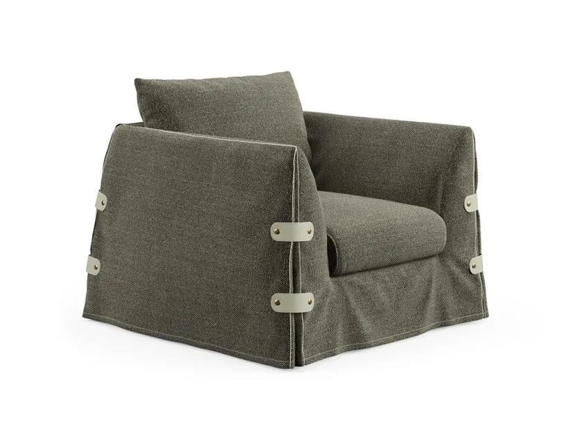 Gray upholstered armchair with attached back pillow, white corner hardware.