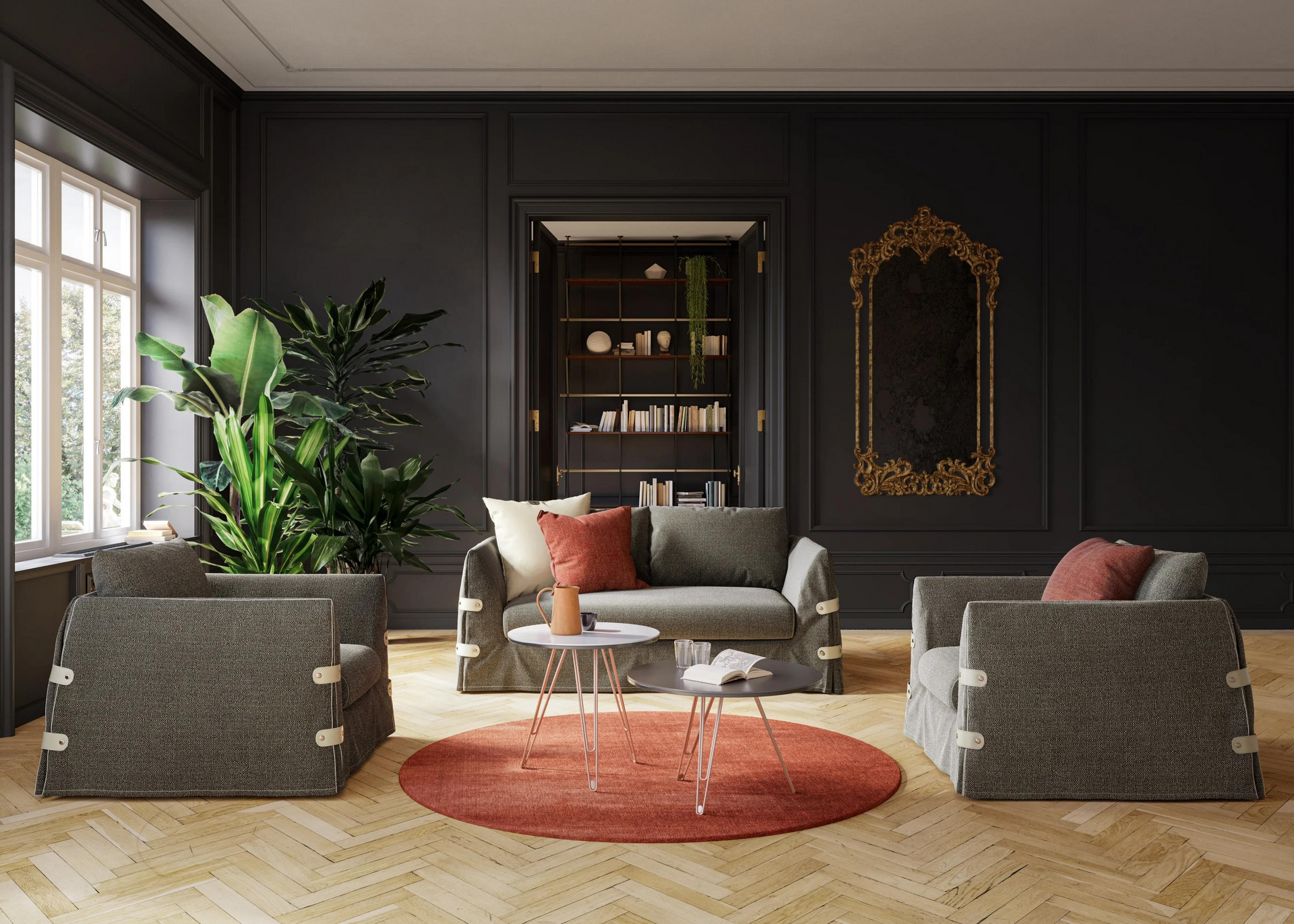 Living room with dark gray walls, seating, and decorative elements.