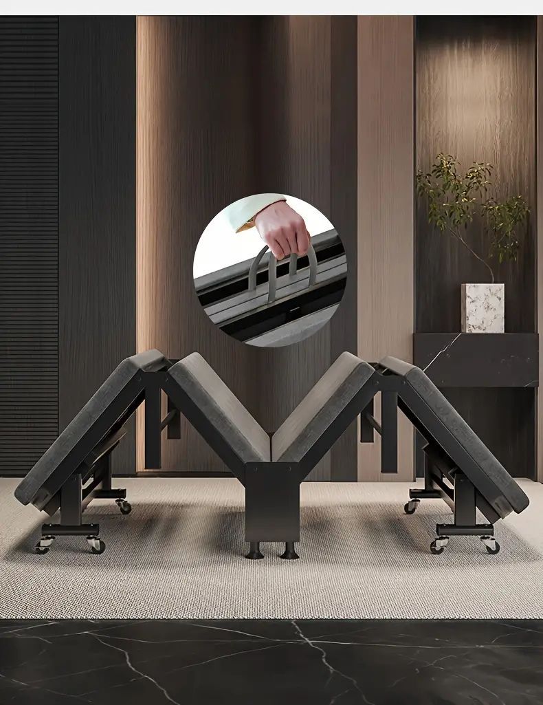 Foldable exercise bench with wheels in a modern interior; inset shows a handle for portability.